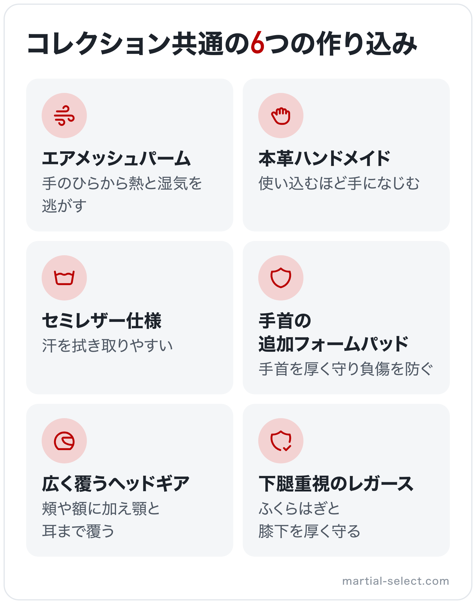 コレクション共通の6つの作り込みの図解: エアメッシュパーム、本革ハンドメイド、セミレザー仕様、手首の追加フォームパッド、広く覆うヘッドギア、下腿重視のレガース